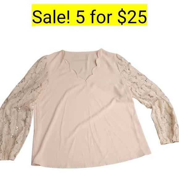 Neutral Off White Beige Lace Long Sleeves Feminine Blouse Top on Sale 5 for $25 - Picture 6 of 6